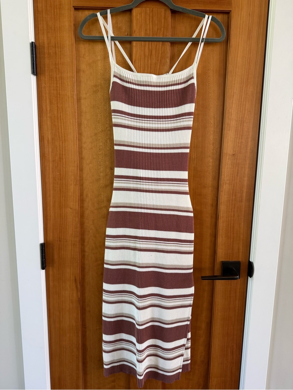 Abercrombie & Fitch Cream and Brown Striped Ribbed Midi Dress